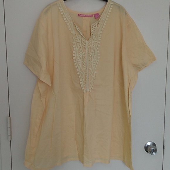Woman Within 22/24W New Yellow Cotton Lace Short Sleeve Blouse - Picture 2 of 9